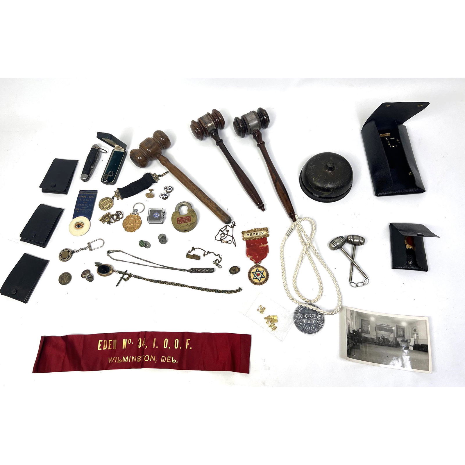 Odd fellows lot gavels, lock, knife, medals. Cuff links. from Odd Fellows Eden lodge Wilmington DE (1 of 15)