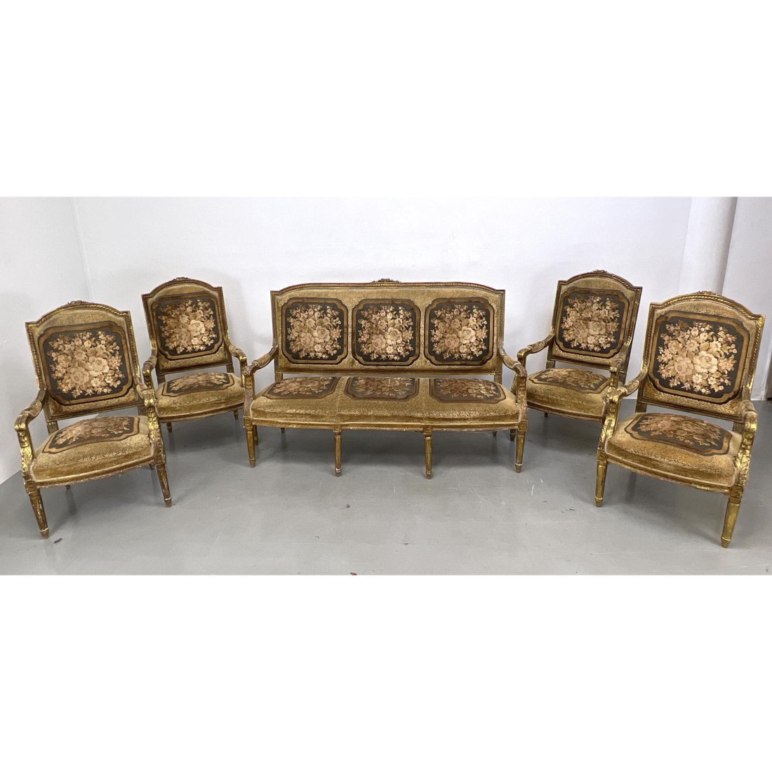 5pc Gilt Louis the XVI salon suite Sofa, 4 chairs. 42.5 X 24 x 23 seat Height 17 (1 of 20)