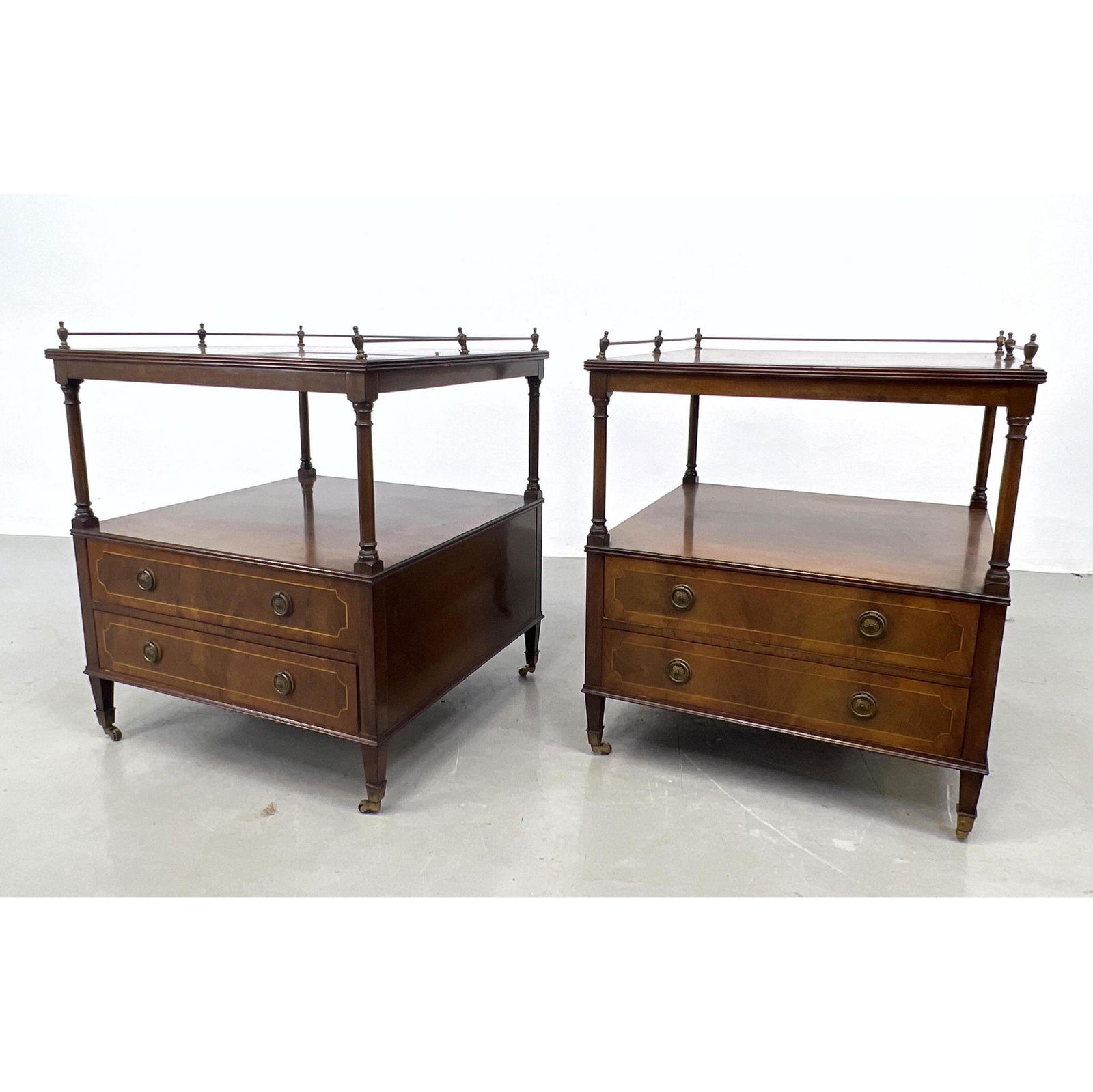 Pair English Mahogany end tables with Metal Gallery. Fredrick Tibbenham label (1 of 8)