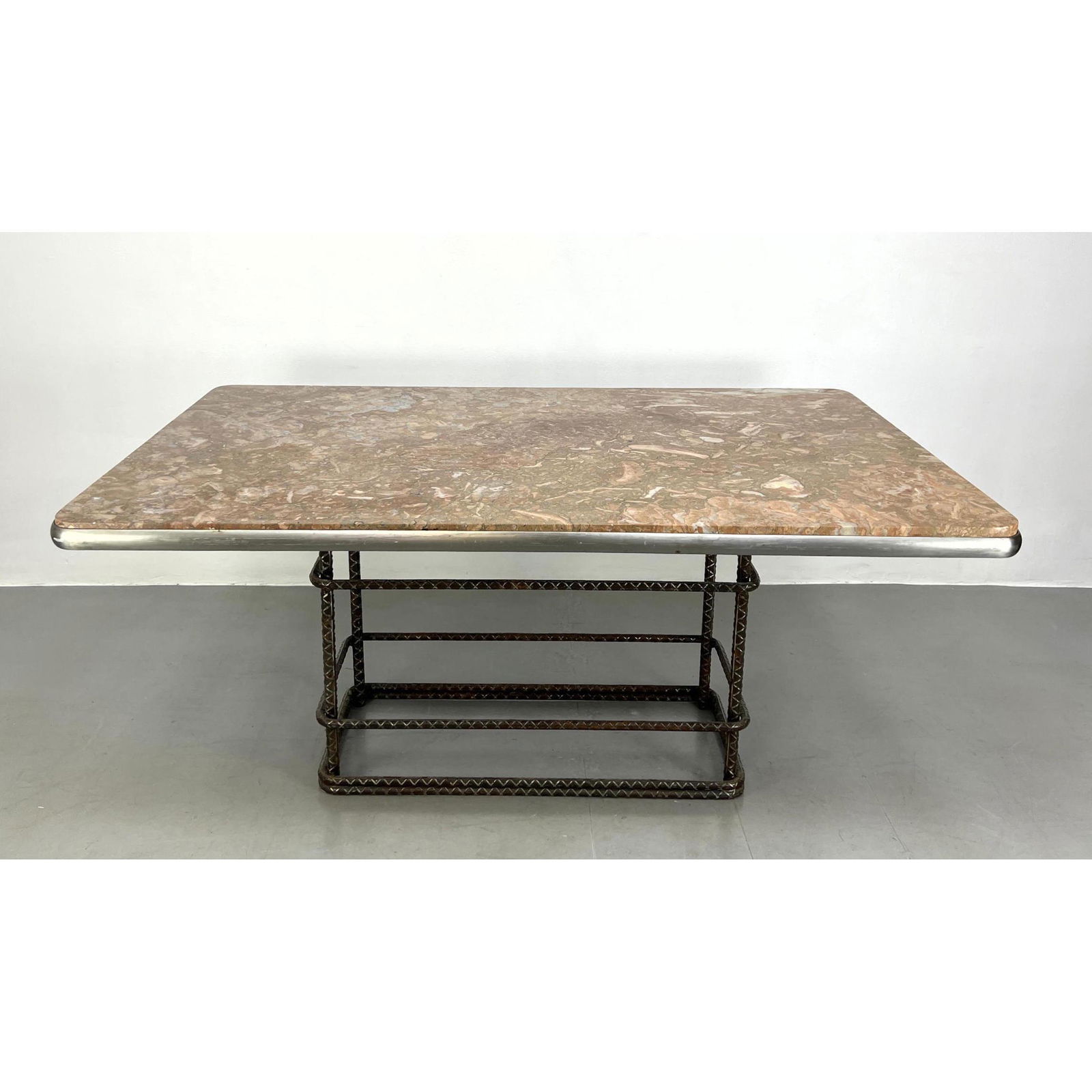 Heavy Industrial Marble Top Dining Table. Figured Marble Top Table. Welded Rebar Metal Base. Industr (1 of 11)