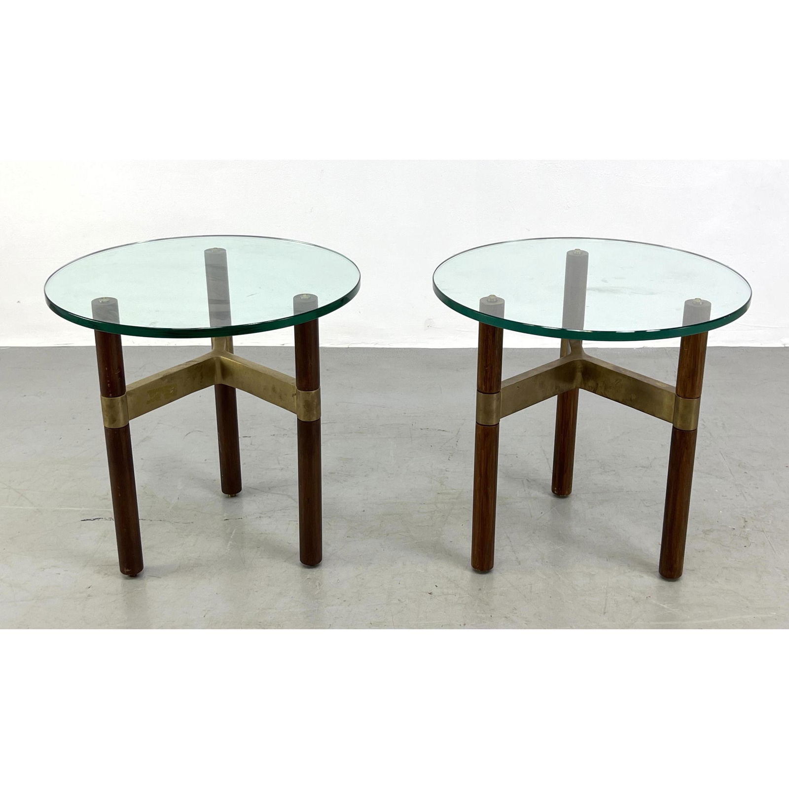 Pr Designer Brass and Wood Side Tables. Unique design where brass arms are are off center. Tripod Wo (1 of 11)