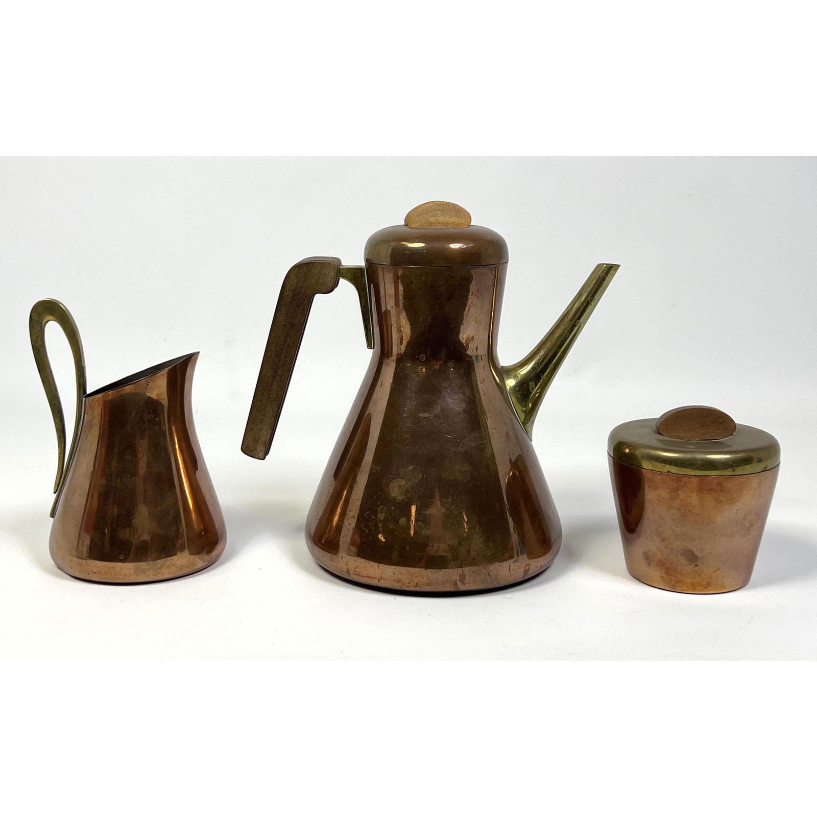 3pc Wiener Werkstatte KARL HAGENAUER Coffee Pot Set. Austria. Copper coffee pot, sugar and creamer. (1 of 14)