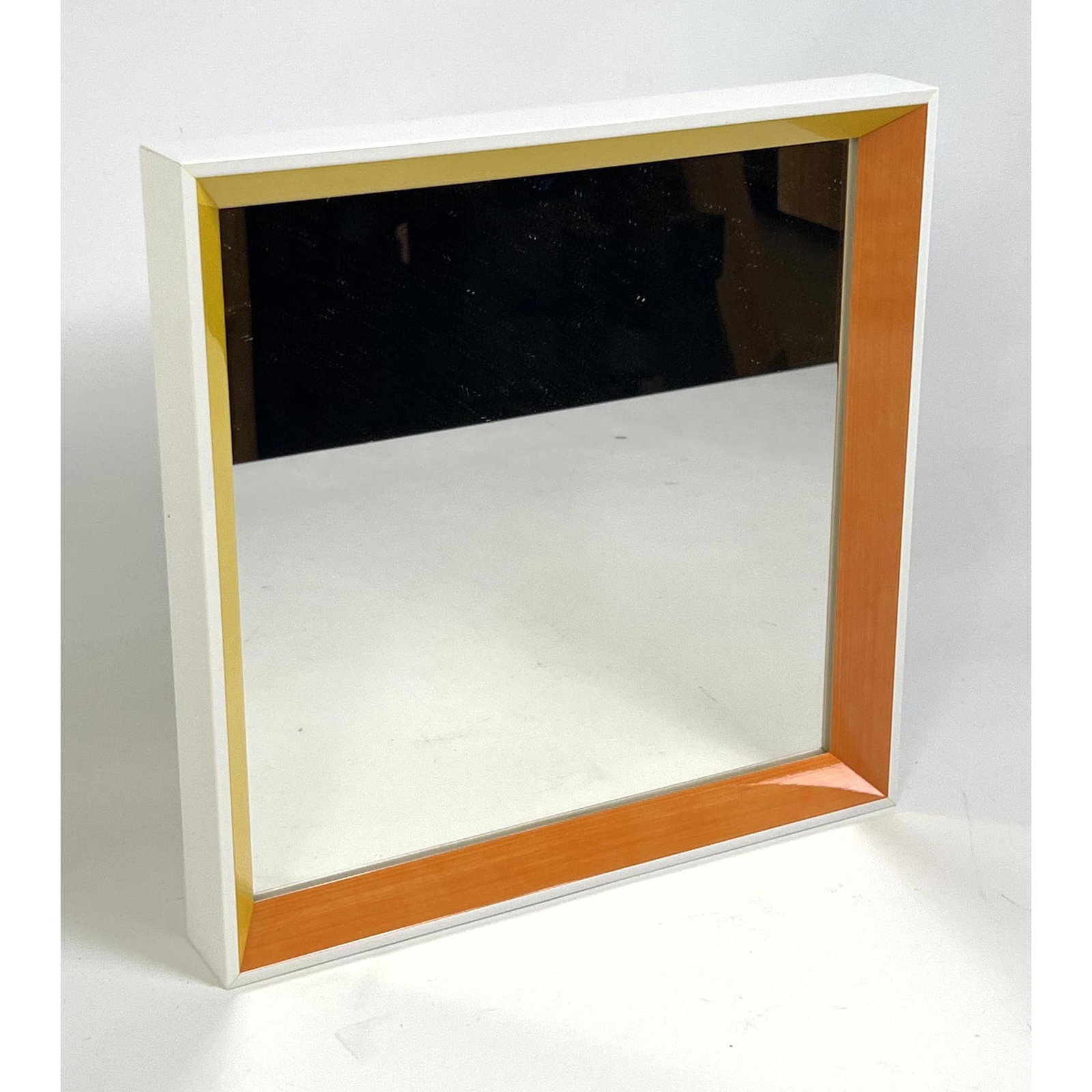 Modern Design Framed Wall Mirror. Yellow and Orange Trim in Opposing Corners. (1 of 5)