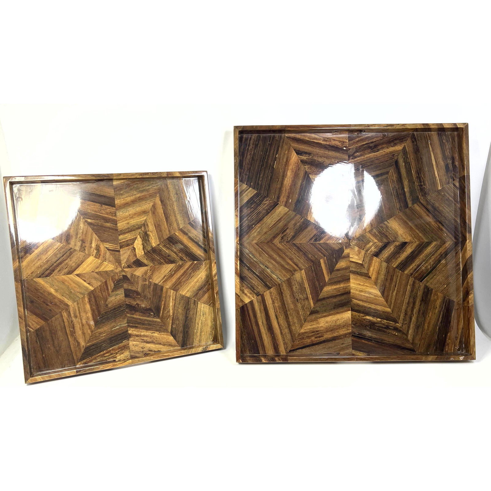 Pr MAITLAND SMITH Nesting Parquetry Serving Trays. Each with star pattern. Label. (1 of 6)