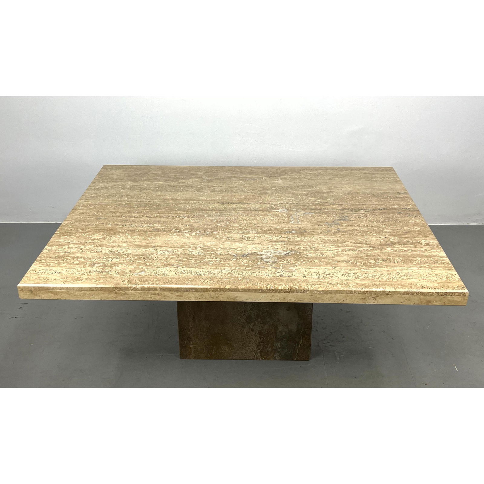 Large Travertine Marble Coffee Table. Modernist  Cocktail table with travertine pedestal base. (1 of 12)