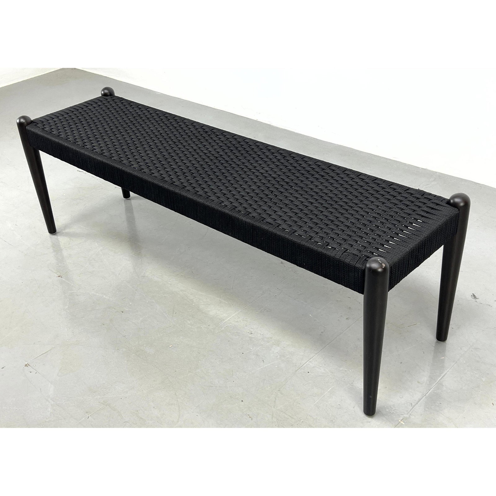 Ebonized Wood Frame Bench Seating. Woven Fabric Strap Top. (1 of 9)