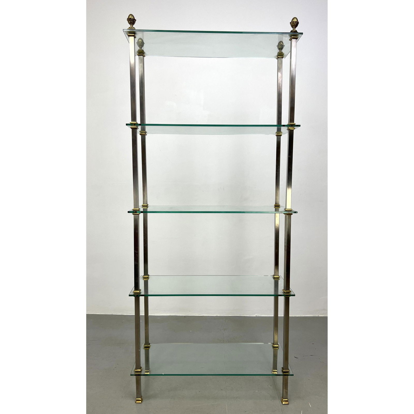 Regency style Stainless and Brass Etagere.  Thick glass shelves. Pine cone finials. (1 of 6)
