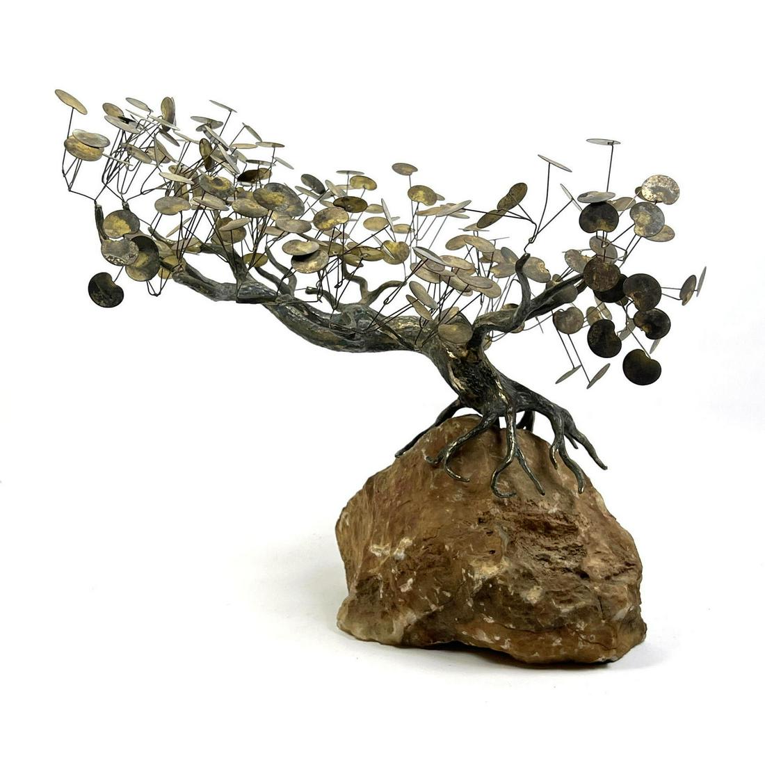 C Jere attributed Metal Bonsai Tree Sculpture. Disc leaves on branches. Natural rock base. (1 of 10)