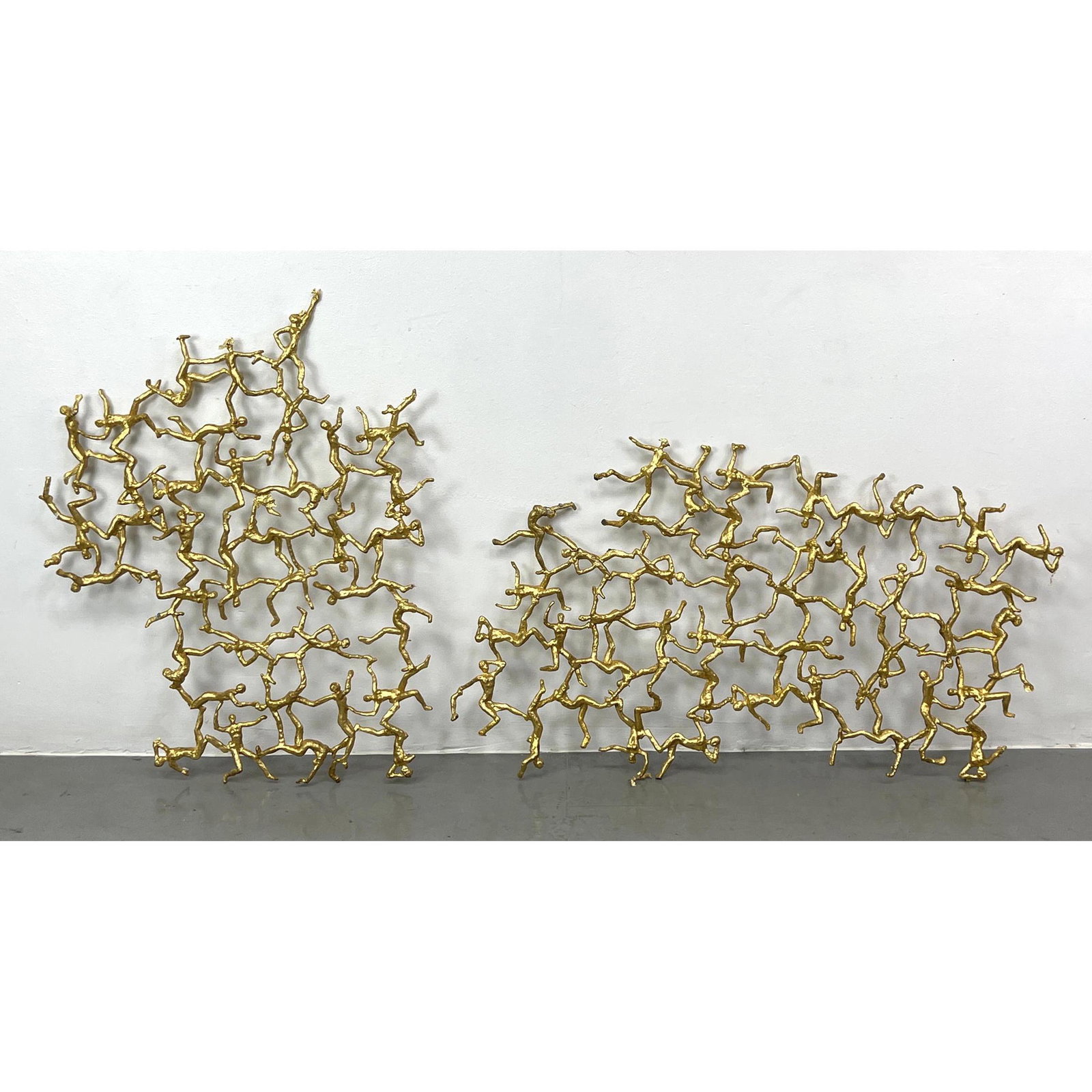2pc Figural Gilt Metal Wall Sculptures. Welded Metal Dancing and moving figures bodies. Gold paint f (1 of 12)