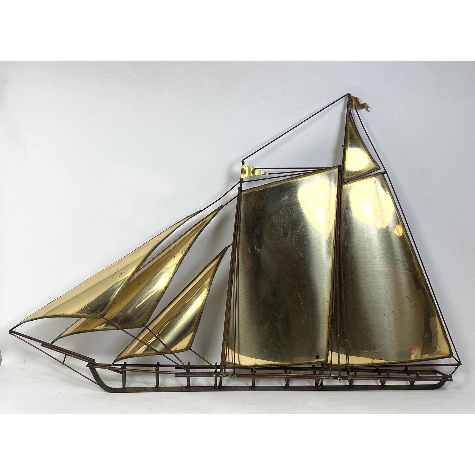 Signed DeMott Brass Sailboat Wall Sculpture. Black Iron Trim. Signed. (1 of 8)