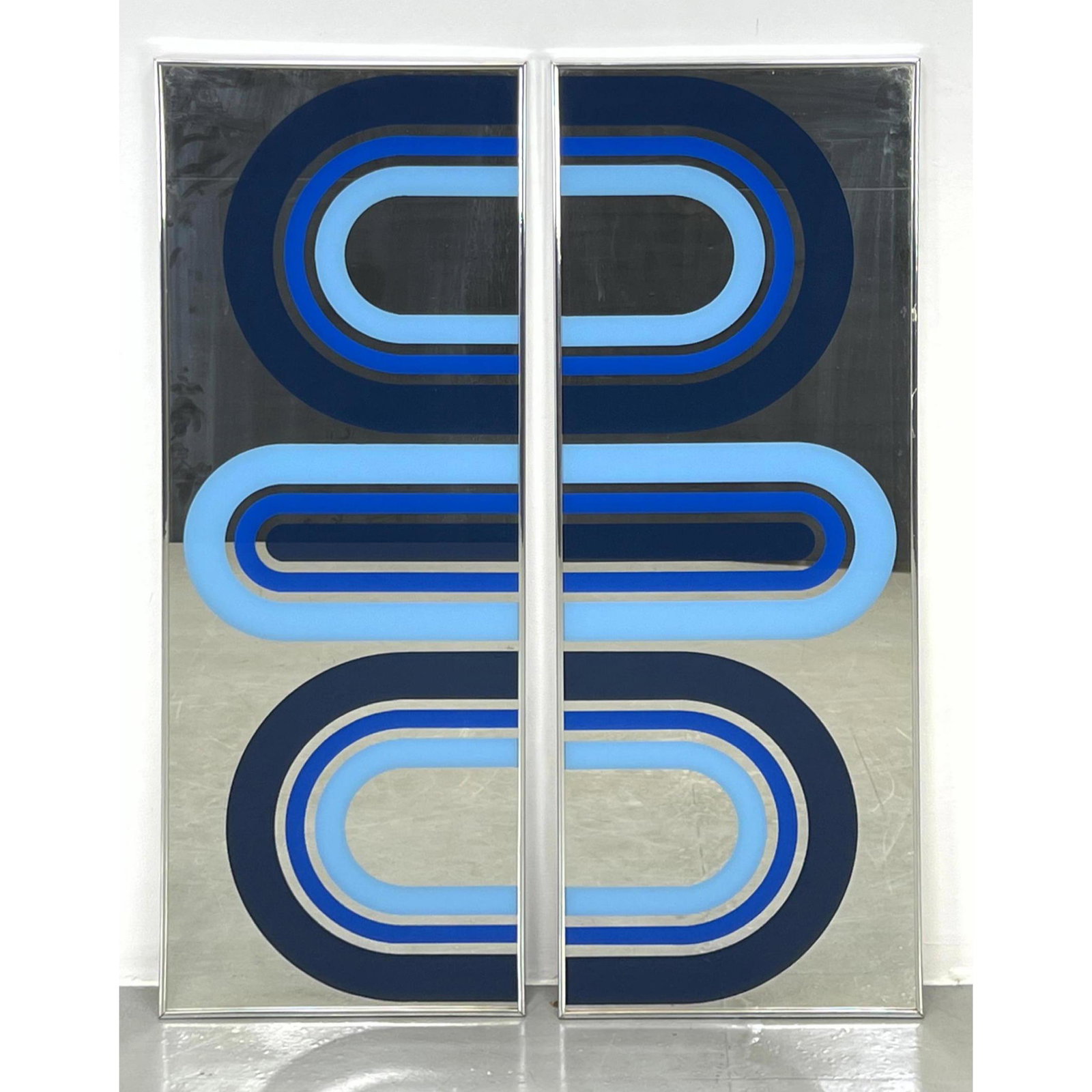 Pr SHARON ART CONCEPT Silkscreened Mirror Panels. Blue Racetrack images on framed mirror panels. Mar (1 of 8)