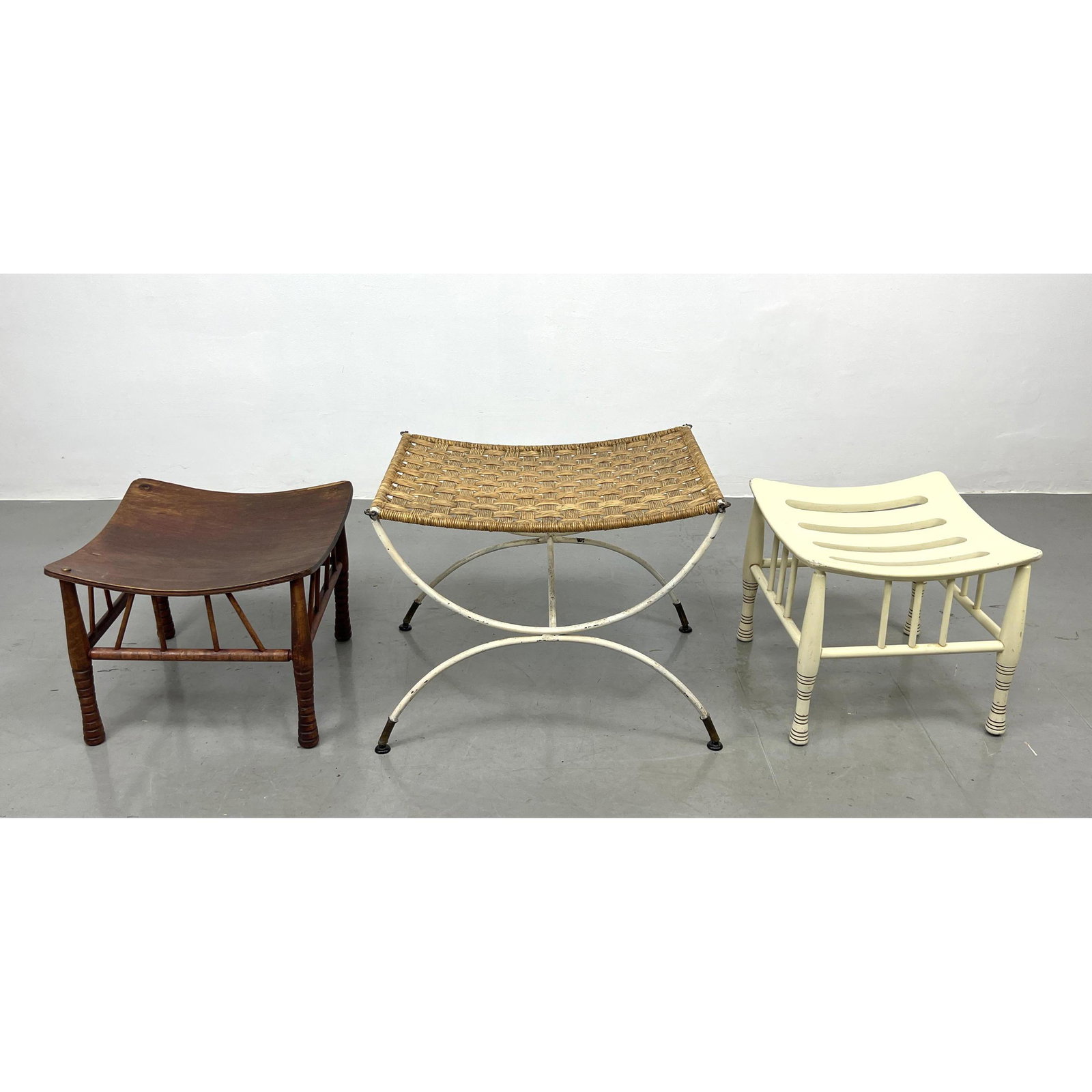 Collection of 3 Stools. Two Thebes Wood Stools. One Iron Stool with Woven Seat; painted white (1 of 20)