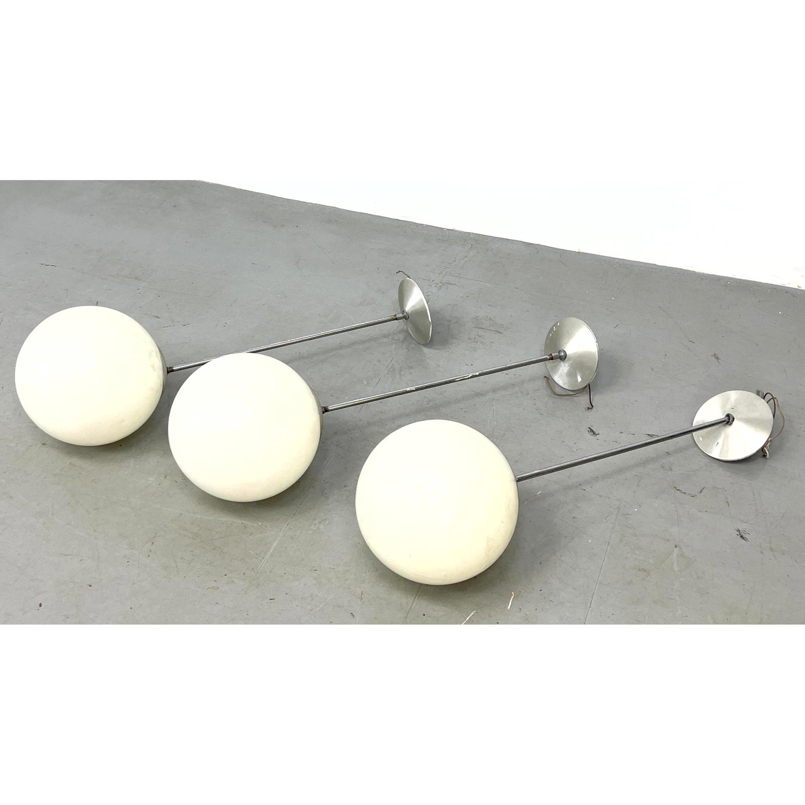 3pc ITT ART METAL Ball Shade Pendant Lights. Spheres suspended on chrome rods. Label. (1 of 8)
