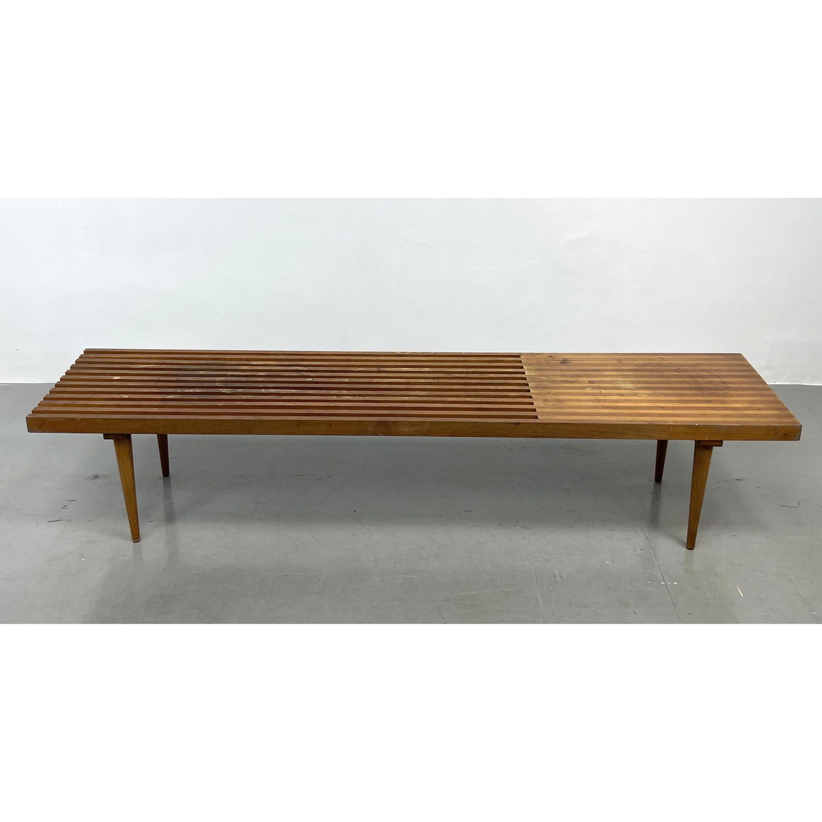 Vintage Modernist Slat Bench. Partial slat construction; part butcher block table top. Tapered Peg L (1 of 9)