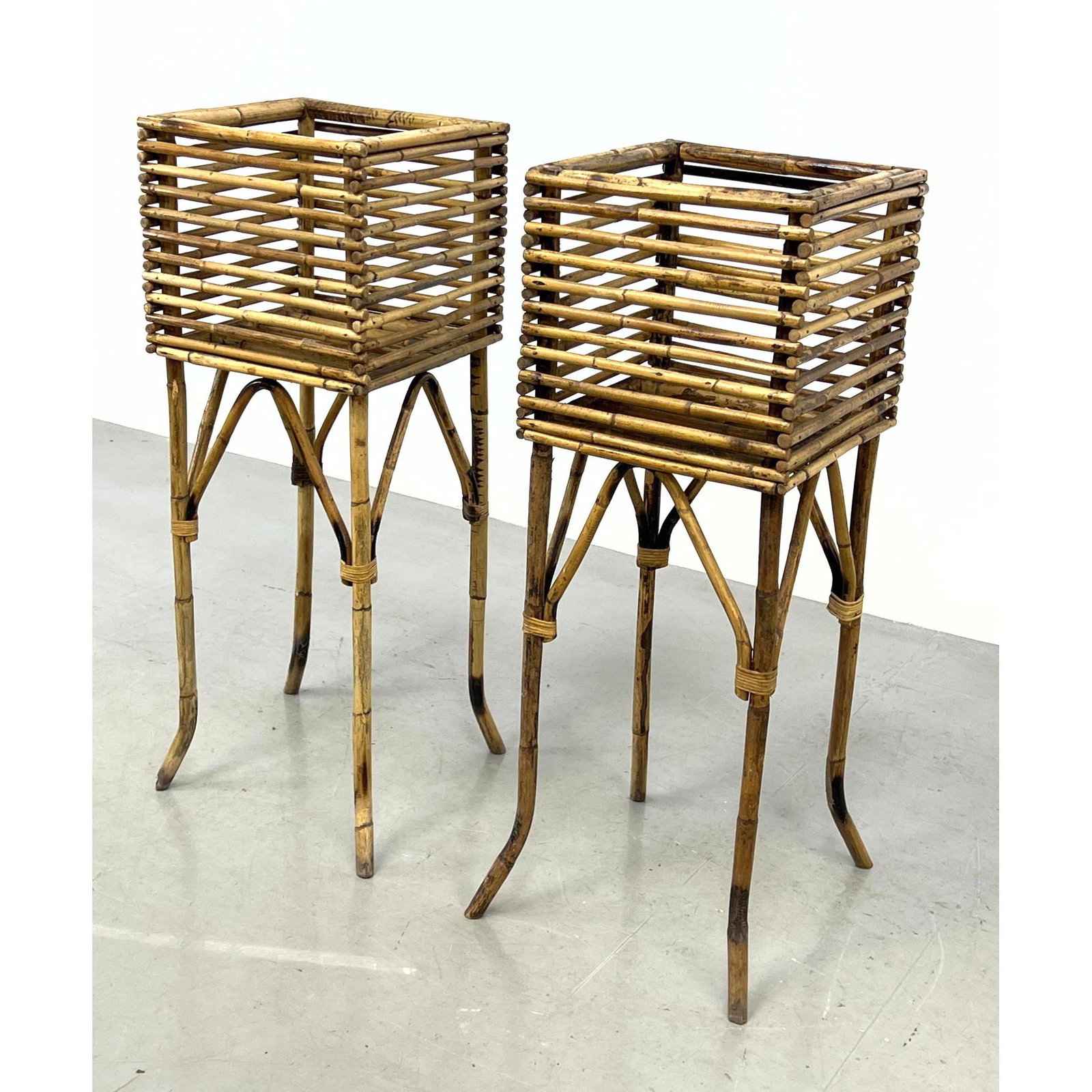 Pr Rattan Square Planters on Stands. Stacked rattan dowels. (1 of 9)