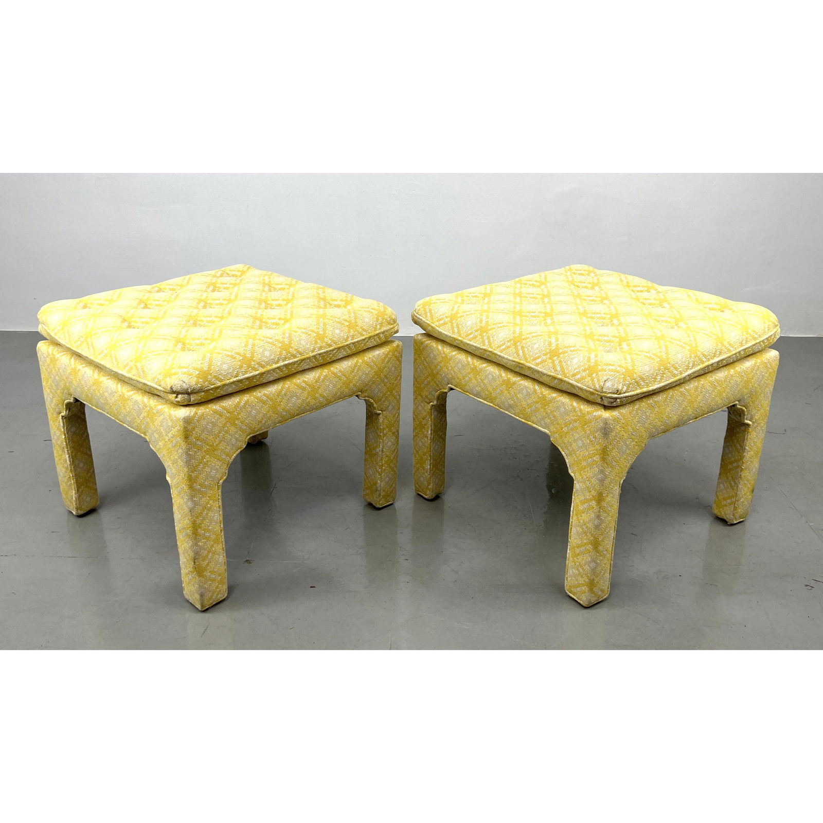 Pr Billy Baldwin style Upholstered Benches Stools. Yellow and Cream Lattice design fabric fully cove (1 of 6)