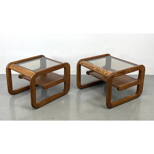 Pr LOU HODGES Oak Modernist Two Tier Side, End Tables. Inset glass top. Lower oak level.: Pr LOU HODGES Oak Modernist Two Tier Side, End Tables. Inset glass top. Lower oak level. Dimensions: H: 20.5 inches: W: 22.5 inches: D: 28 inches ---