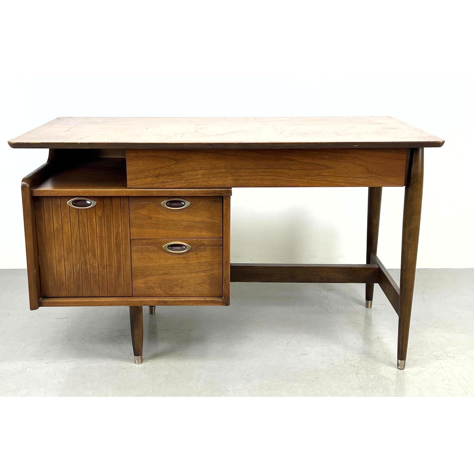 American Modern Walnut Desk. WFH. Elliptical Metal Pulls. (1 of 16)