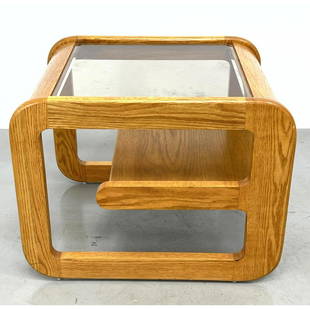 LOU HODGES Oak and Glass Two Tier Side End Table. Inset glass panel top. American Modern.: LOU HODGES Oak and Glass Two Tier Side End Table. Inset glass panel top. American Modern. Dimensions: H: 21 inches: W: 27 inches: D: 22 inches ---