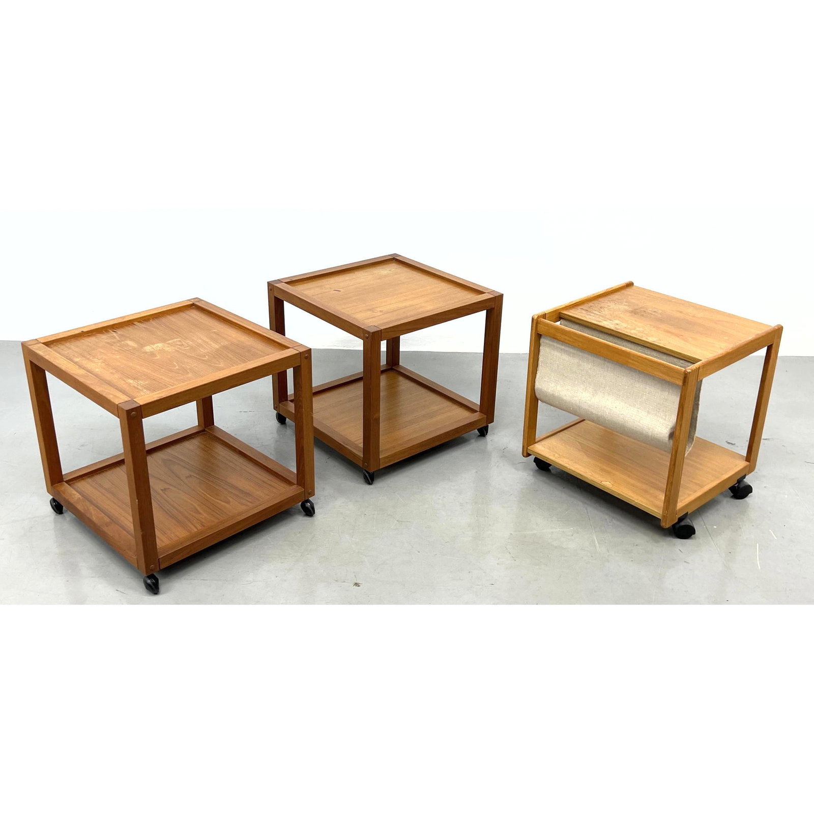 3pcs Danish Modern Teak Furniture. Pair NORDISK ANDELS cube tables on wheels and teak magazine rack (1 of 20)