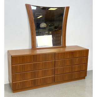 KOMFORT Danish Modern Teak Dresser and Mirror. Shaped Wall Mirror. Marked: KOMFORT Danish Modern Teak Dresser and Mirror. Shaped Wall Mirror. Marked Dimensions: H: 31 inches: W: 72 inches: D: 19 inches ---