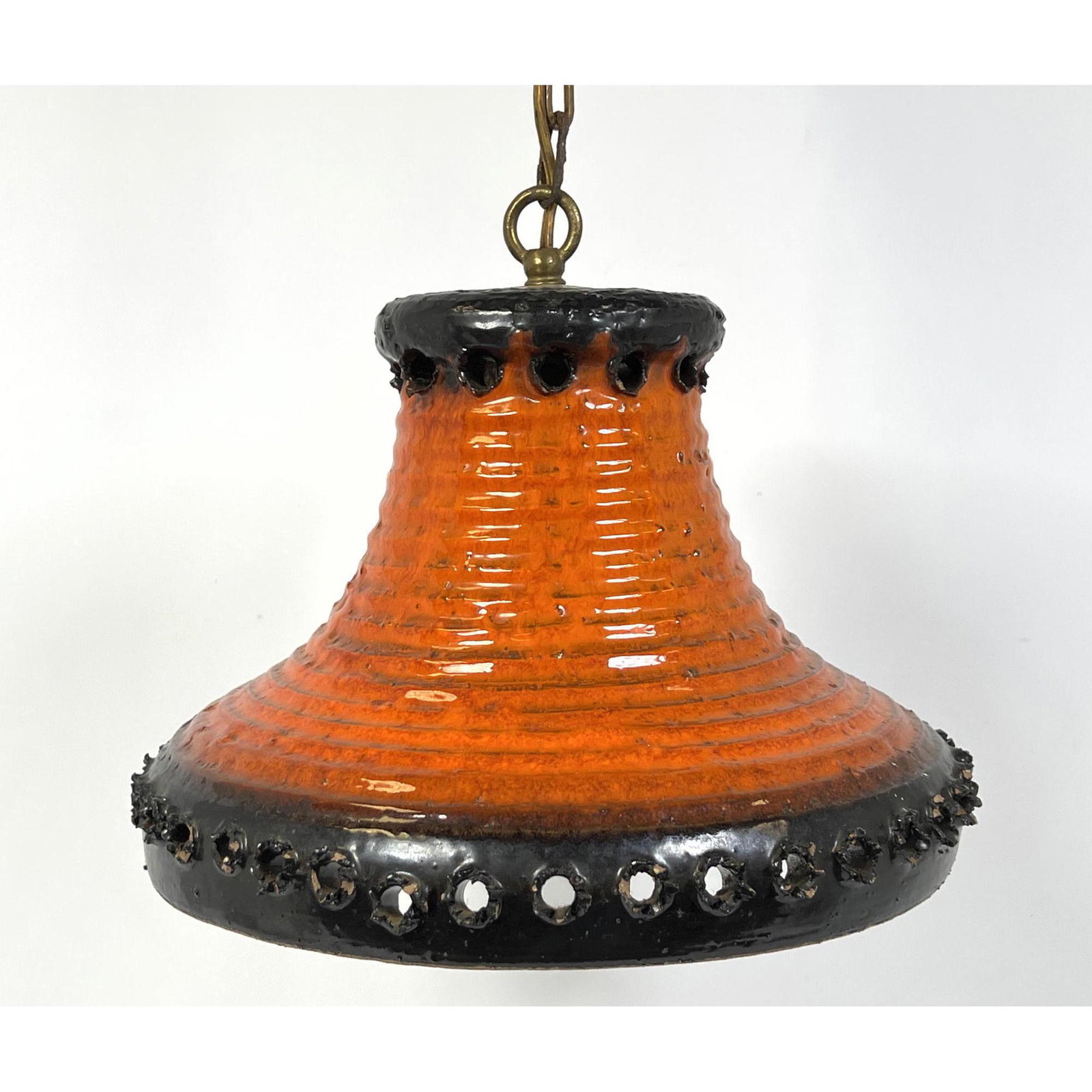Danish pottery chandelier. Ribbed Cone Form with Orange and Black Glazes. (1 of 9)