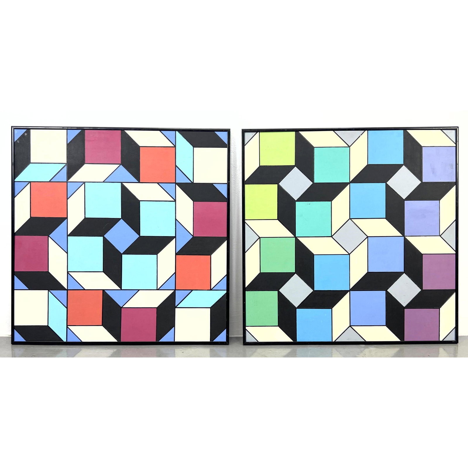 Pair J.H. HENIG Geometric Acrylic Paintings on Board. Op Art Design of Squares.  83 (1 of 9)