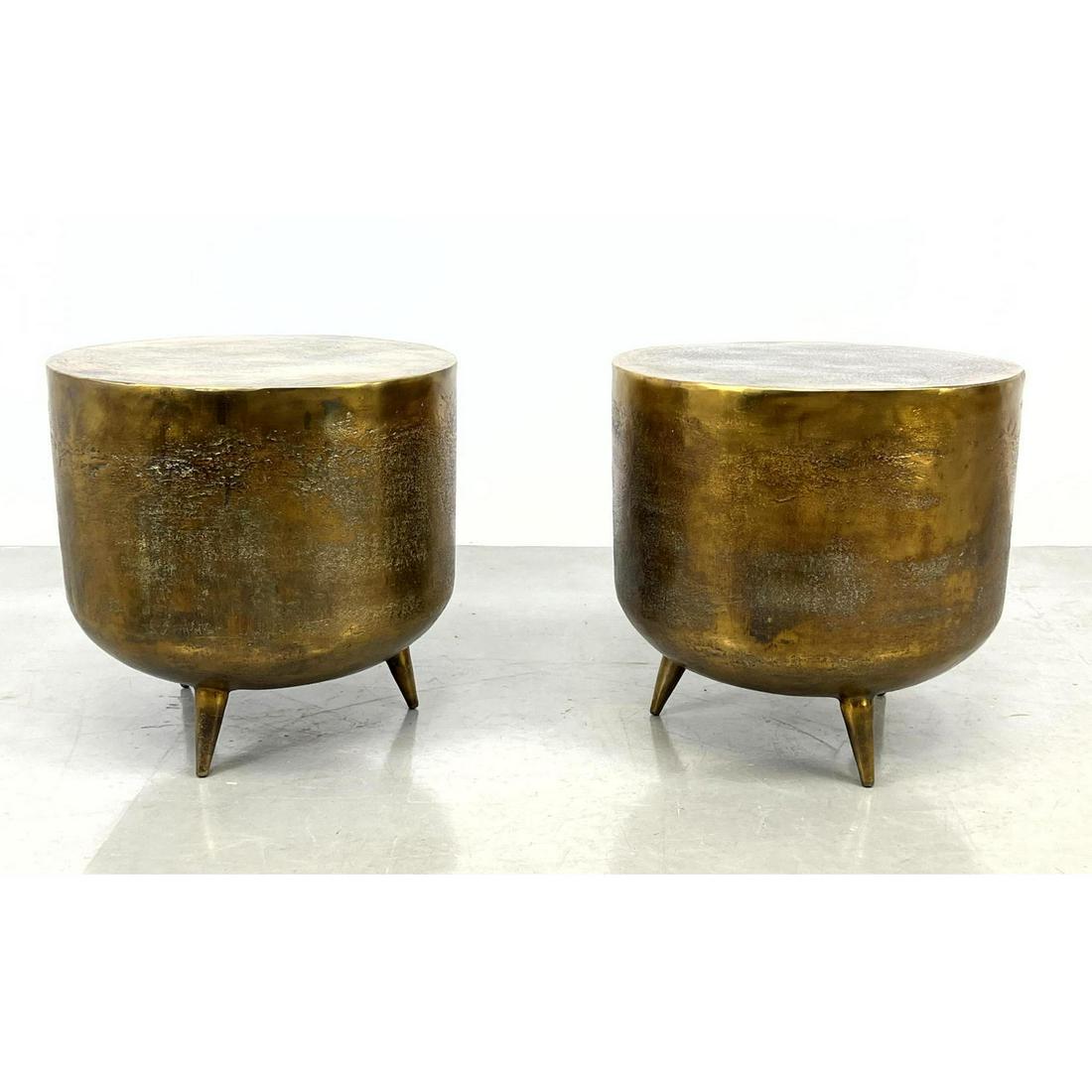 Pr Metal Drum style Side End Tables. Tripod Bases. Hollow construction. Tribal. Mottled  finish. (1 of 4)
