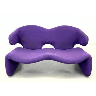 OLIVIER MOURGUE Purple Upholstered Love Seat. Djinn Sofa. Slip covered Organic Form. Airborne Intern: OLIVIER MOURGUE Purple Upholstered Love Seat. Djinn Sofa. Slip covered Organic Form. Airborne International France. Dimensions: H: 27 inches: W: 46 inches: D: 26 inches - Seat Height: 13.5 inches