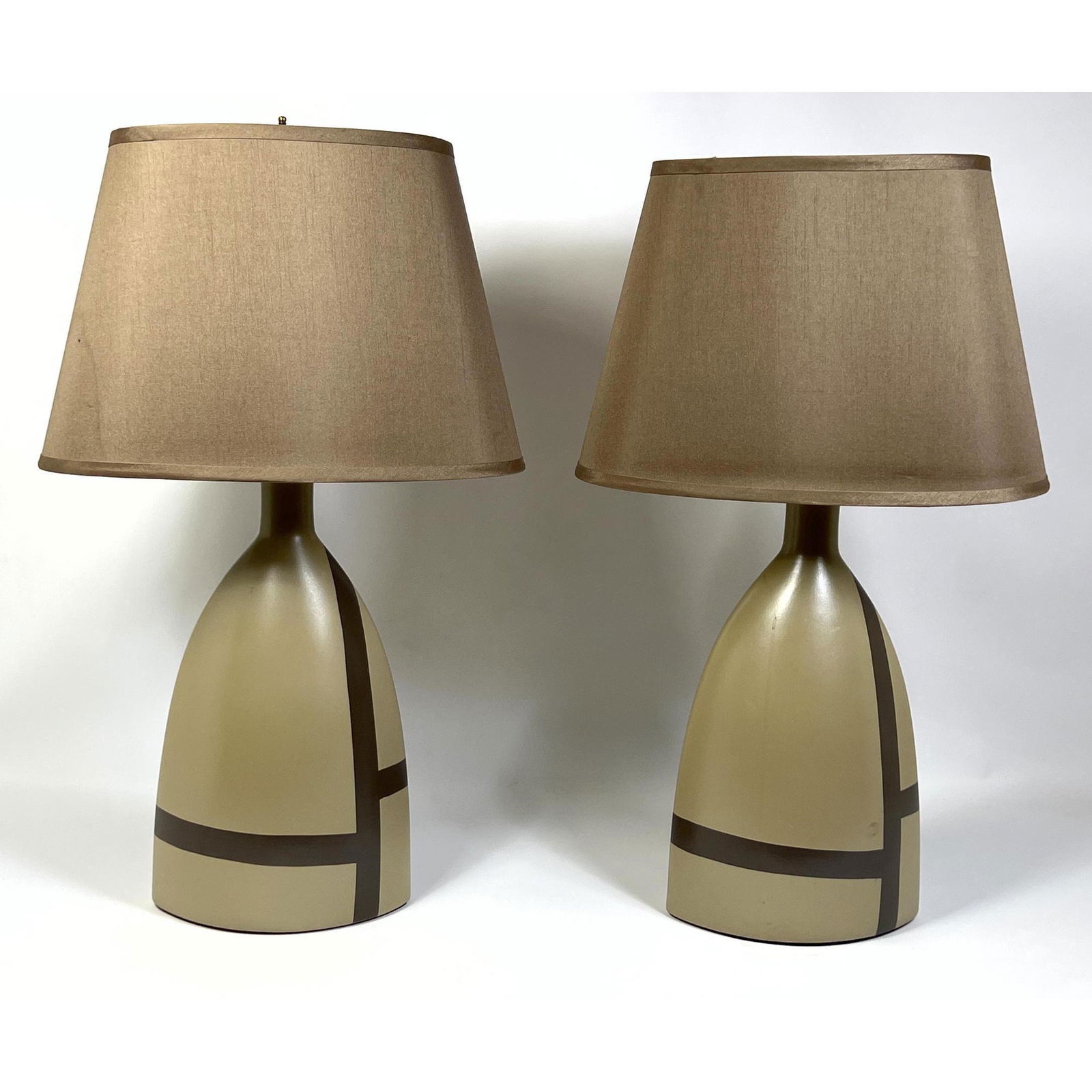 Pr Contemporary Glazed Pottery Table Lamps. Elliptical Pottery Forms with Glazed Grid Design. (1 of 10)