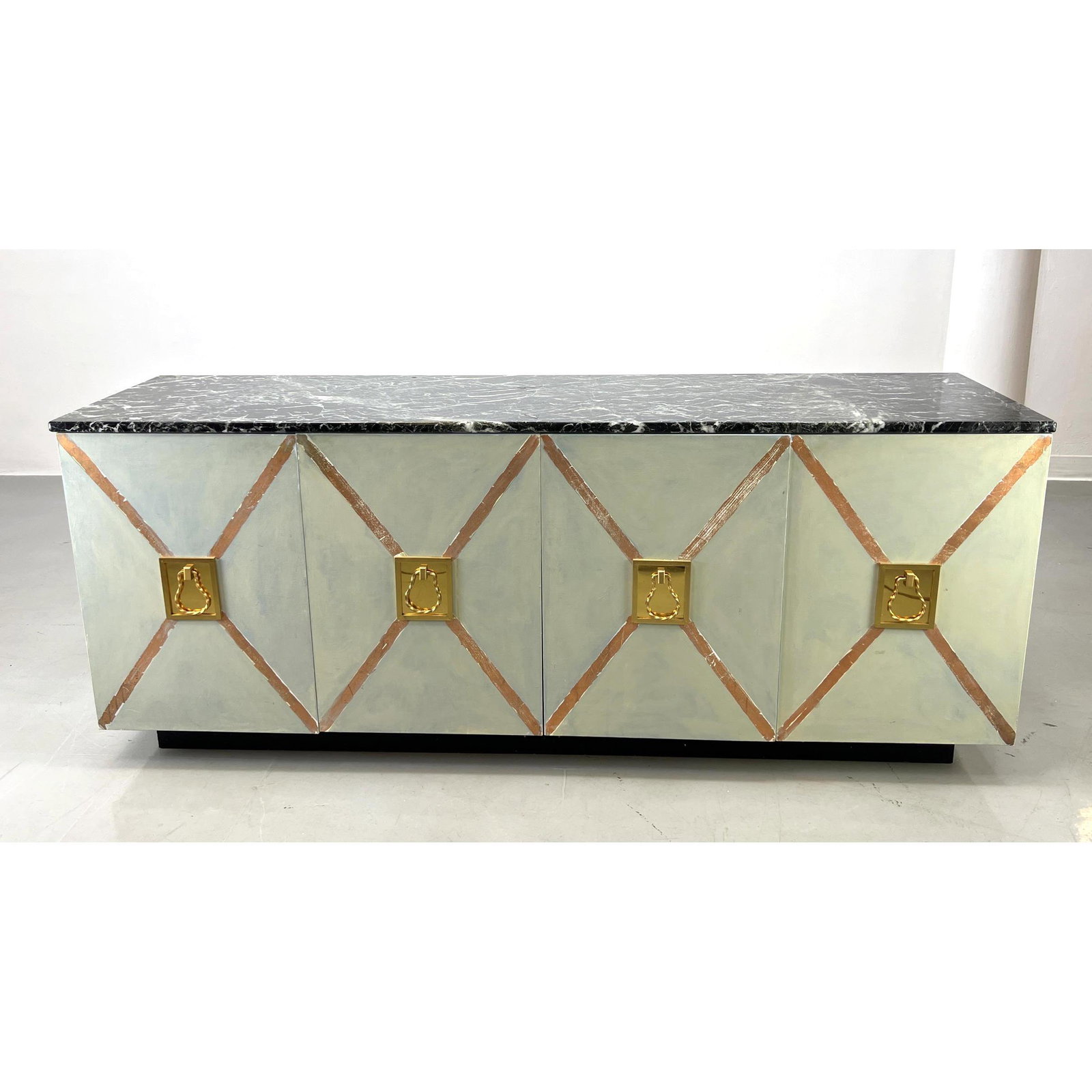 Decorator Marble Top Modernist Credenza Sideboard. X Trim Doors with large metal pulls. Recessed pla (1 of 13)