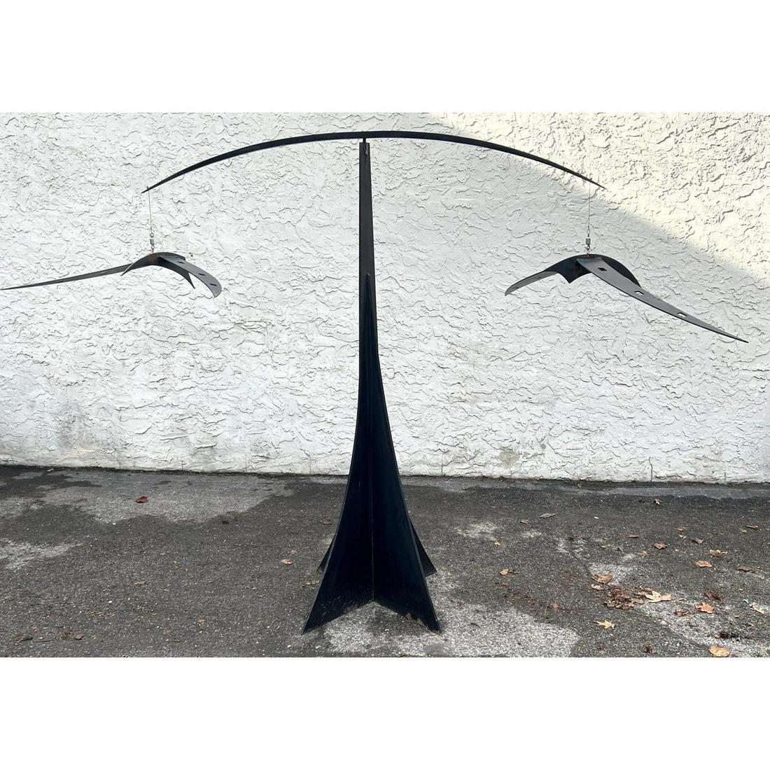 Large B.Mc Signed Black Metal Kinetic Wind Sculpture. Mobile Stabile. Two suspended bird elements. I (1 of 7)