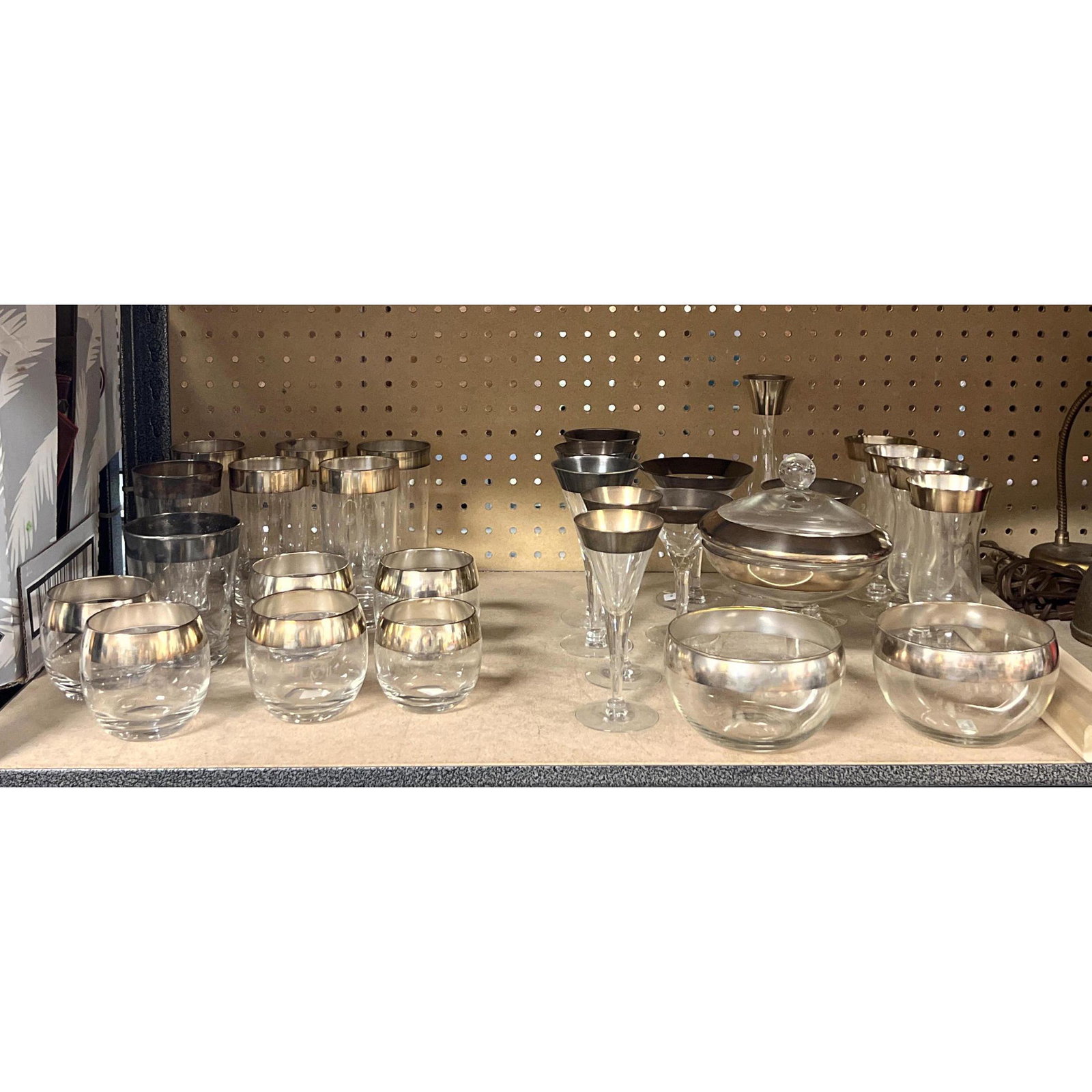 Lot Dorothy Thorpe Silver rim Glassware.: Lot Dorothy Thorpe Silver rim Glassware. Dimensions: H: 7 inches: W: 6 inches: D: 6 inches --- This item is from the home and estate of Sandi Berman. Beloved Midcentury Dealer and Icon who ran DeluxeN