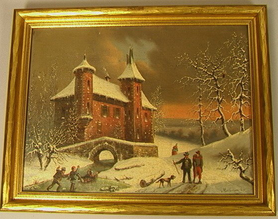 LOUIS CLAUDE MALLENBRANCHE Oil painting on Canvas: LOUIS CLAUDE MALLENBRANCHE Oil painting on Canvas. Snow scene.-- Dimensions: H: 9.25 inches: W: 12.5 inches --- Condition (General): Good condition. Small hole in corner. Please contact us with specif