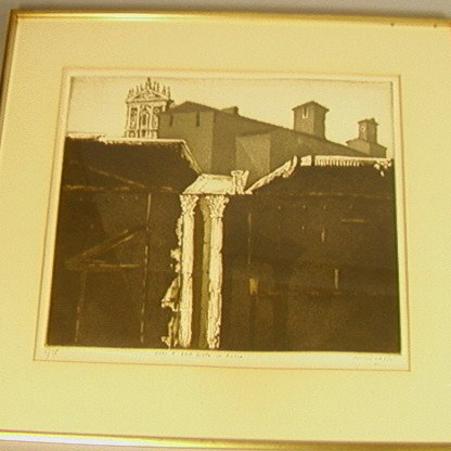 MARIO MICOSSI Fori e San Sisto in Roma 3/75. Prin: MARIO MICOSSI Fori e San Sisto in Roma 3/75. Print in brass frame.-- Dimensions: H: 13 inches: W: 15.5 inches --- Condition (General): Very Good Condition. Please contact us with specific questions ab