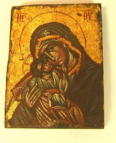 European Icon of Madonna and Child. Possibly Russ: European Icon of Madonna and Child. Possibly Russian.-- Dimensions: H: 6 inches: W: 4.75 inches --- Please contact us with specific questions about condition, not visible in the photos. --- US Shippin