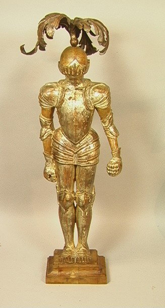 Carved Wood Painted Armored Man Figure. Probably: Carved Wood Painted Armored Man Figure. Probably Italian.-- Dimensions: H: 29 inches: W: 9 inches: D: 6 inches --- Condition (General): Overall paint wear and loss. Crack to base. Please contact us wi