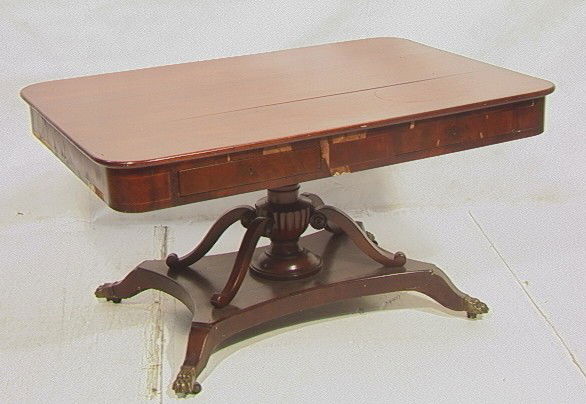 Antique Mahogany Partners desk Library table with: Antique Mahogany Partners desk Library table with inlay and Urn -- Dimensions: H: 30 inches: W: 57 inches: D: 39.5 inches --- Condition (General): Splits to table top with veneer losses to apron. Plea