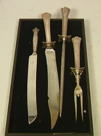 4 Pc Sterling Handled Carving Set. 3 matched Piec: 4 Pc Sterling Handled Carving Set. 3 matched Pieces: R.W. & S with deer head mark. Monogram: "C". One Webb Sterling handled Carving knife.-- Dimensions: --- Condition (General): Large dent to knife ha