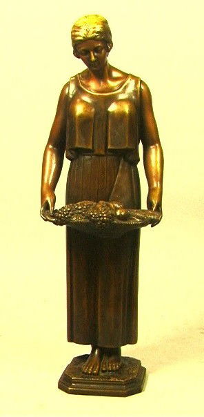 Large Art Deco Bronze Figural Sculpture. Woman wi: Large Art Deco Bronze Figural Sculpture. Woman with tray of fresh produce. Marked. -- Dimensions: H: 21.5 inches: W: 7 inches: D: 6.5 inches --- Condition (General): Very Good Condition. Some wear to