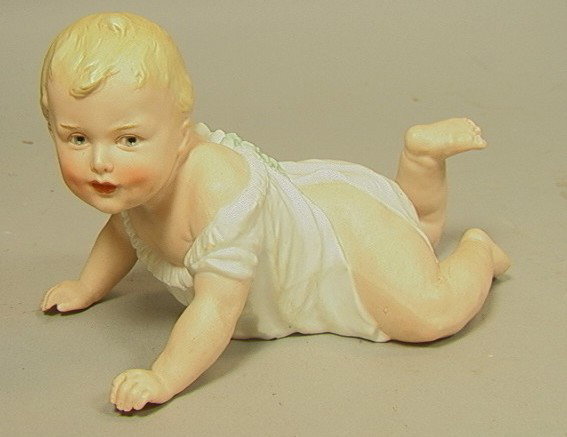 HEUBACH German Bisque Piano Baby. Crawling Baby.: HEUBACH German Bisque Piano Baby. Crawling Baby. Marked.-- Dimensions: H: 5.25 inches: W: 8.5 inches: D: 5 inches --- Condition (General): Very Good Condition. Please contact us with specific question