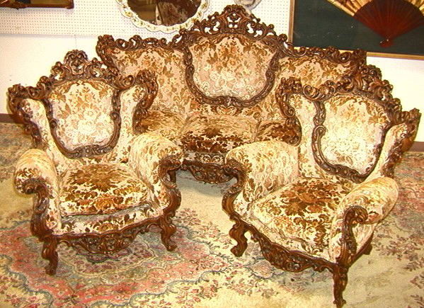 Carved Walnut 3 Pc Living Room Set. Sofa and two: Carved Walnut 3 Pc Living Room Set. Sofa and two wings chairs.-- Dimensions: --- Condition (General): Very Good Condition. Please contact us with specific questions about condition, not visible in the