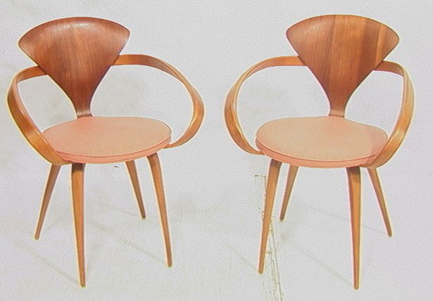 Pair Norman Cherner PLYCRAFT Arm Chairs with Upho: Pair Norman Cherner PLYCRAFT Arm Chairs with Upholstered Seats.-- Dimensions: H: 31.5 inches: W: 25 inches: D: 20 inches --- Condition (General): Very Good Condition. Please contact us with specific q