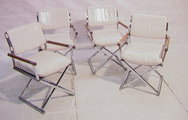 Set 4 Regency Style Dining Arm Chairs. Wood Chro: Set 4 Regency Style Dining Arm Chairs. Wood Chrome and Vinyl.-- Dimensions: H: 34 inches: W: 23.5 inches: D: 23 inches --- Condition (General): Overall very clean. Some minor scratches to wood. Please