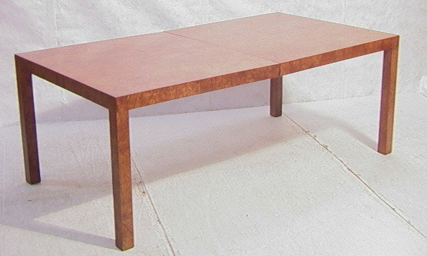 Milo Baughman Directional Burled Dining Table wit: Milo Baughman Directional Burled Dining Table with 2 Leaves. Parsons Style-- Dimensions: H: 29 inches: W: 78 inches: D: 42 inches --- Condition (General): Minor scratches and scuffs. Please contact us