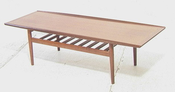 Danish Modern Teak Coffee Cocktail Table. Rolled: Danish Modern Teak Coffee Cocktail Table. Rolled edge.-- Dimensions: H: 17.5 inches: W: 63 inches: D: 23 inches --- Please contact us with specific questions about condition, not visible in the photos