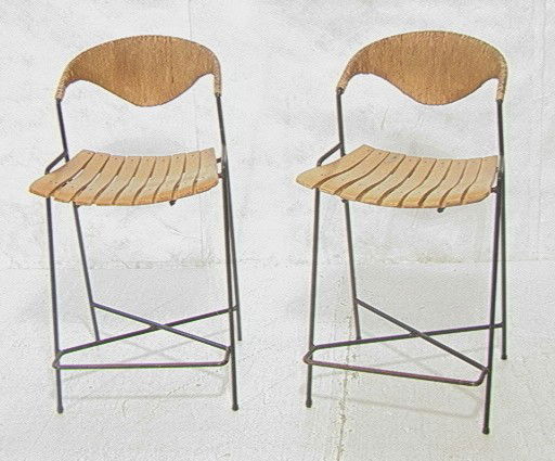 Pair Arthur Umanoff Barstools with Rapped Backs.: Pair Arthur Umanoff Barstools with Rapped Backs.-- Dimensions: H: 35 inches: W: 20 inches: D: 18 inches --- Condition (General): Surface rust and paint loss to frames. Please contact us with specific