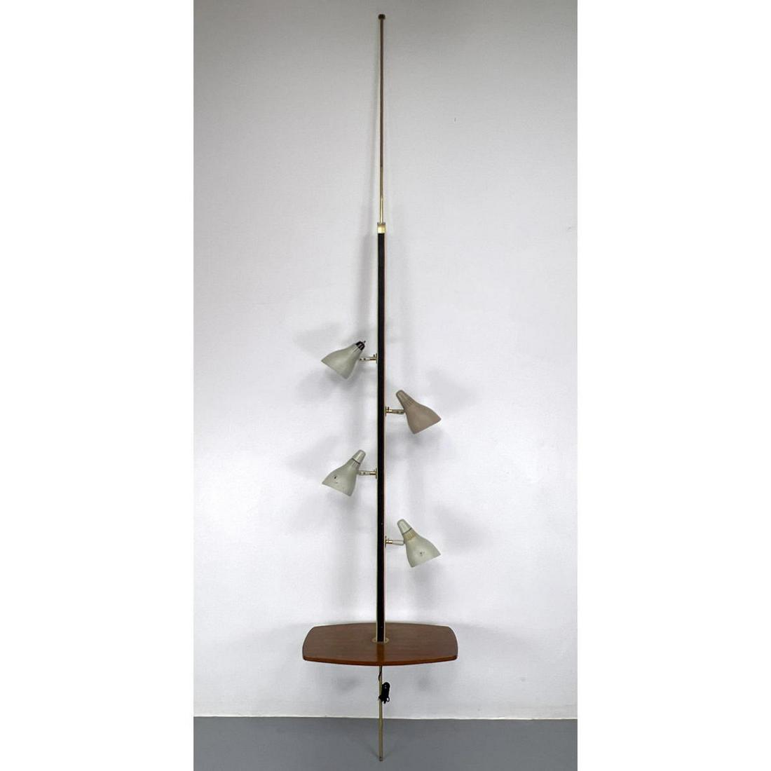 Modernist Tension style Floor Lamp. Four metal cone shades above wood table. (1 of 18)