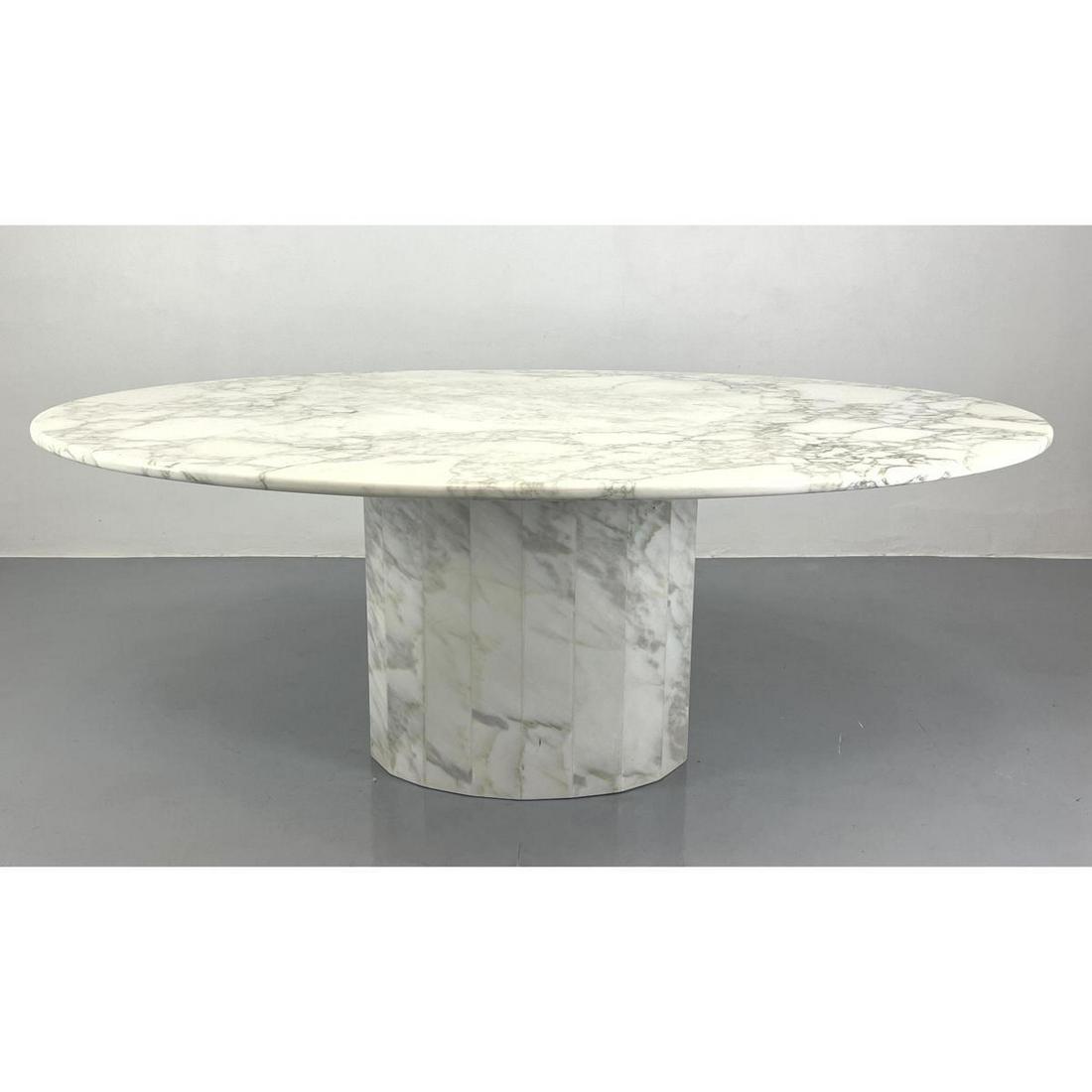 Italian style Marble Pedestal Dining Table. Oval Marble Top on Faceted Marble Pedestal Base (1 of 11)