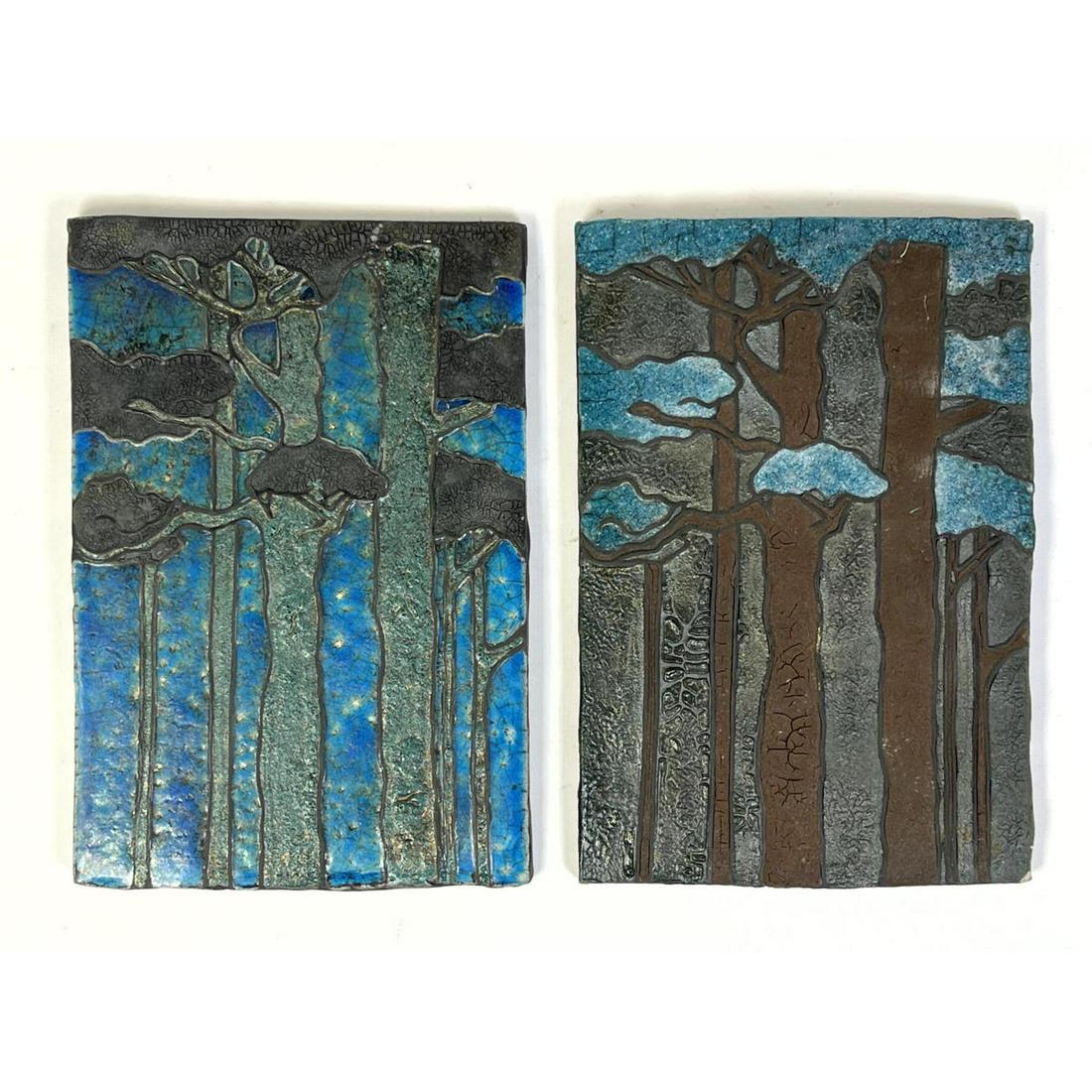 Pair of carved ceramic tiles arts and crafts / mission nice blue color on tiles. Unsigned. (1 of 7)